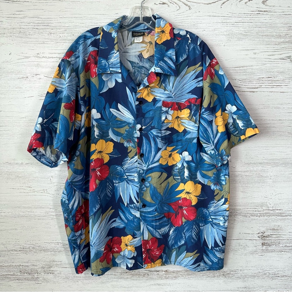 VINTAGE 80s Hawaiian Tropical Bold Floral Short Sleeve Button Down Shirt XL USA
